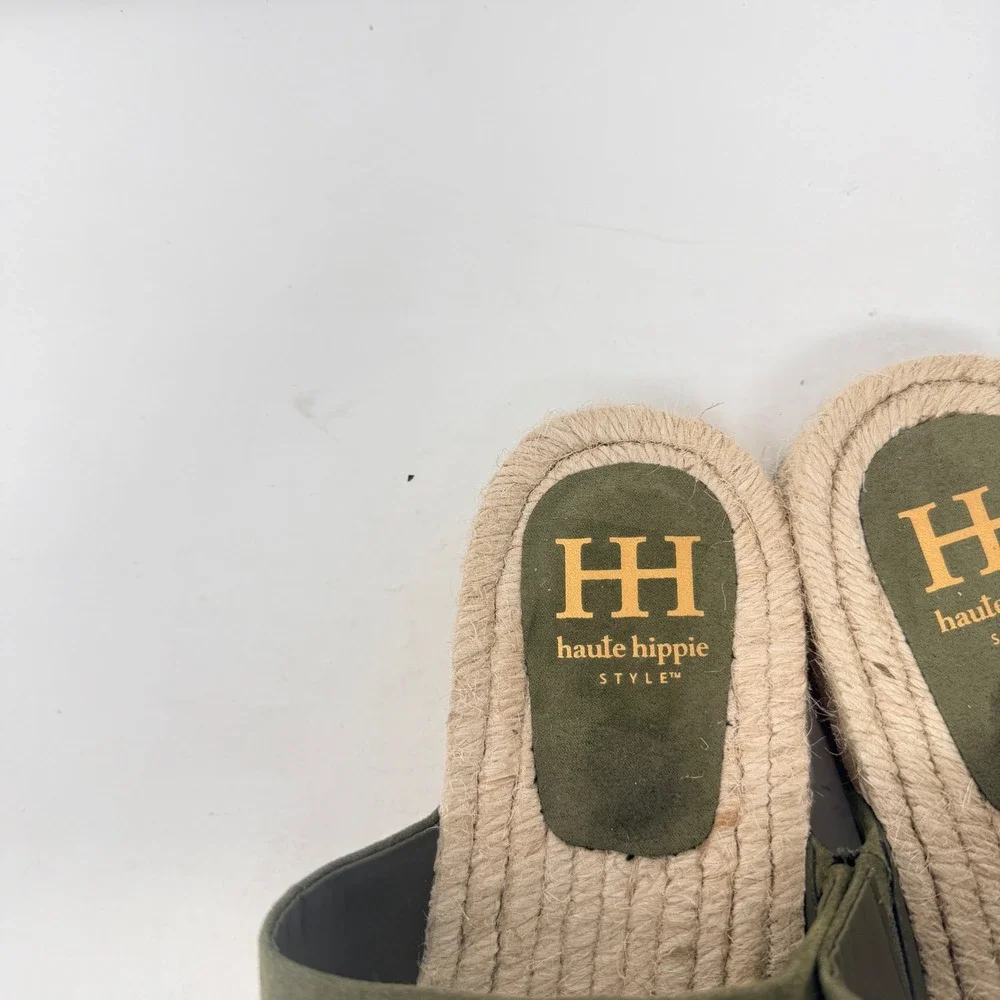 Haute Hippie Nori Espadrille Slide Sandals Suede Double Strap Olive Green Flat